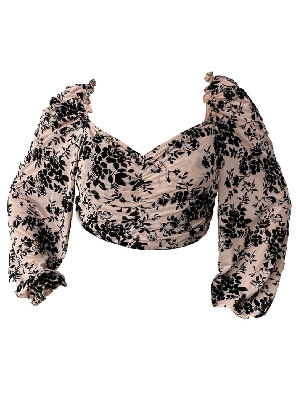 Floral Long Sleeve Blouse Shirt Mesh Square Neck Ruched Top